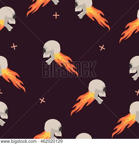 Skull In Flame. Fire Skeleton. Seamless Pattern Illustration. Wallpaper Element. Random Square Patte