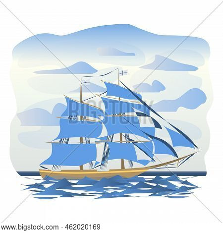 Large Two-masted Sailing Ship At Sea. Brig In Cartoon Style. Big Waves. Vector Seascape.