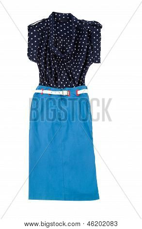 Módní složení s modrou hadičku sukně a halenka Polka Dots