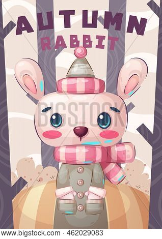 Cartoon Character Adorable Rabbit In Autumn Forest. Vector Eps 10