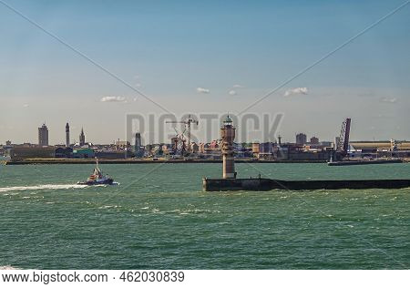 Europe, France, Dunkerque - July 9, 2022: Port Scenery. Feu De Saint Pol Light Tower On Its Pier At 