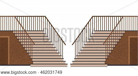 Interior Design Scene With Stairs And Door. Staircase At Entrance To House. Corridor Or Hall Of Buil