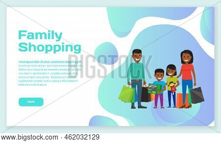 Family People Go With Bags, Supermarket Trolley For Shopping Landing Page Template. Cartoon Smiling 