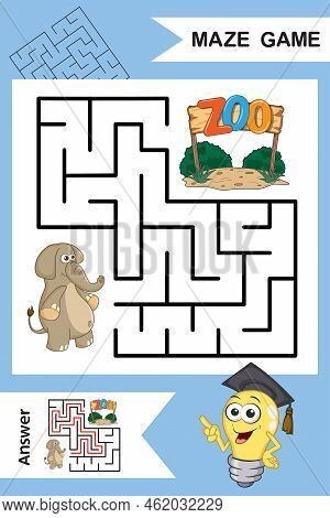 Square Labyrinth For Child With Cute Cartoon Elephant Isolated On Colorful Background. Find Right Wa