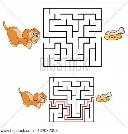 Maze Or Labyrinth For Children With Cartoon Dog And Bone. Find Right Way. Simple Square Maze With An