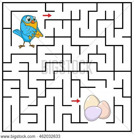 Maze Or Labyrinth For Children With Cartoon Bird. Find Right Way To The Eggs. Answer Under The Layer