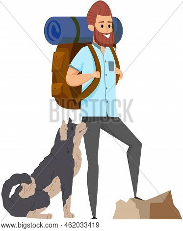 Man Traveler Or Hiker Breathes Fresh Air. Guy With Backpack Engaged In Tourism With Dog. Male Charac