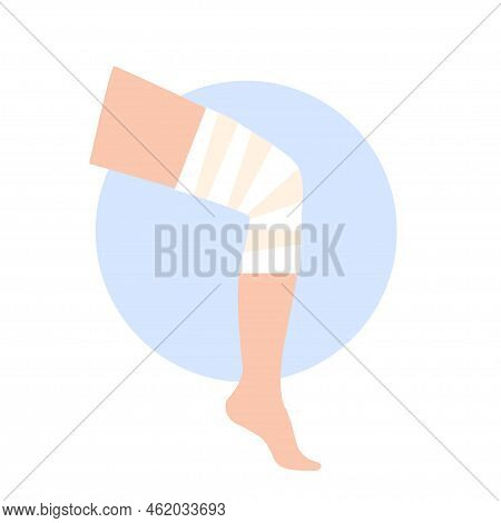 Elastic Bandage On Human Leg. Roll And Wrap Medical Gauze Over A Knee. Broken Or Injured Joint, Spra