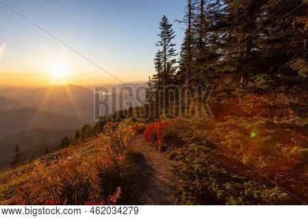 Canadian Landscape With Fall Colors During Sunny Sunset. Elk Mountain, Chilliwack, East Of Vancouver