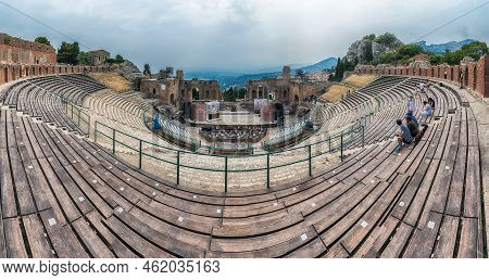 Taormina, Italy - August 11, 2021: Scenic View Inside The Ancient Theatre Of Taormina, Sicily, Italy