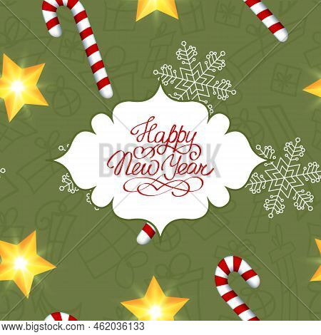 Happy New Year Seamless Pattern With Greeting Text In Elegant Frame Candy Snowflake And Shiny Star V