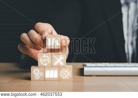 Api - Application Programming Interface, Wooden Block With Vr Screen Api Icon On Office Desk, Softwa