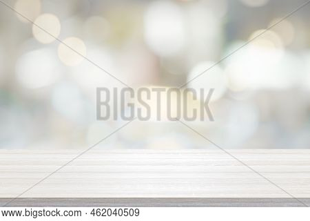 Empty Wooden Table For Present Product On Bokeh Blur Background Image.
