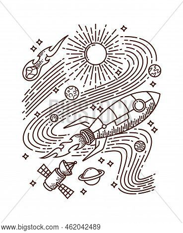 Hand Drawn Rocket Adventure Line Illustration Hand Drawn