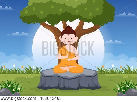 Happy Makha Bucha Day Template Hand Drawn Cartoon Flat Illustration Buddha Sitting In Lotus Flower U