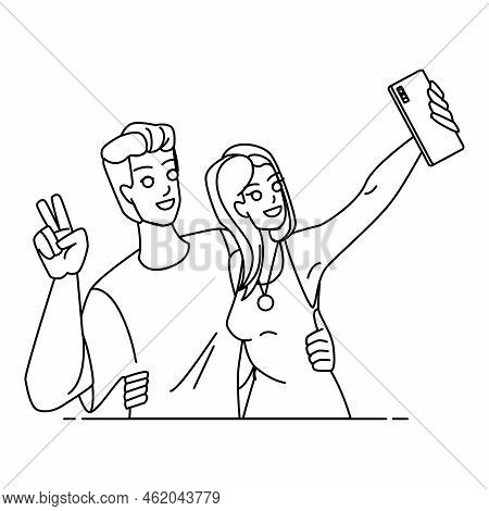 Couple Selfie Line Pencil Drawing Vector. Happy Man, Young Woman, Love Fun, Lifestyle Summer, Portra