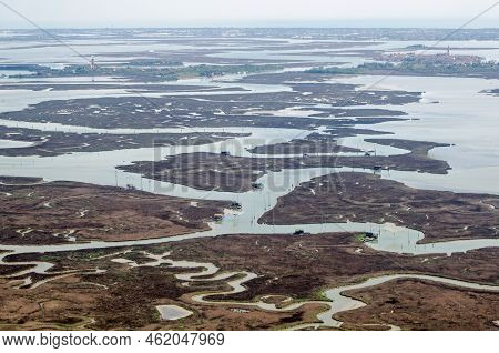 View From The Air Of The Northern Venetian Lagoon With The Islands Of Torcello, Mazorbo And Burano.