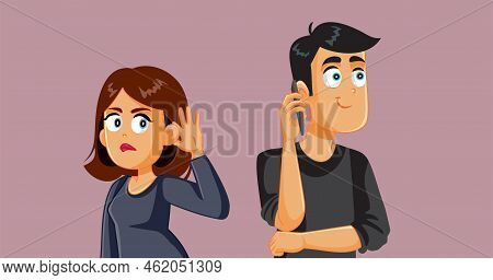 Jealous Girlfriend Spying On Her Boyfriend Phone Call Vector Cartoon