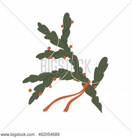 Christmas Fir Tree Branch Decorated With Festive Ornament, Decor. Xmas Spruce, Firtree Twig With Dec
