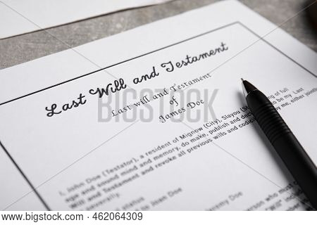 Last Will And Testament On Light Grey Table, Closeup