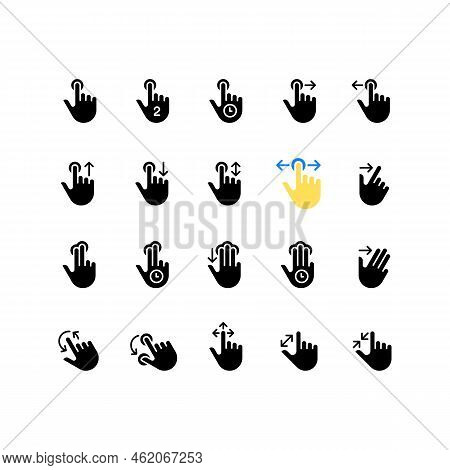 Touch Gestures Black Glyph Icons Set On White Space. Touchscreen Control. Smartphone Navigation. Mul