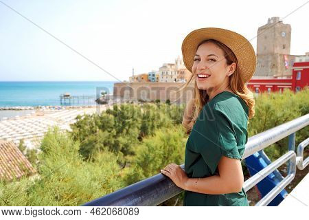 Beautiful Woman On Terrace In Termoli Village, Molise, Italy