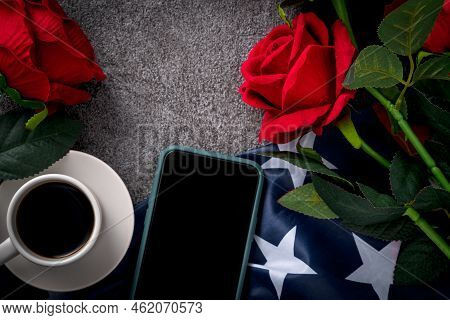 United States Election Design Concept With American Flag, Rose And Smart Phone