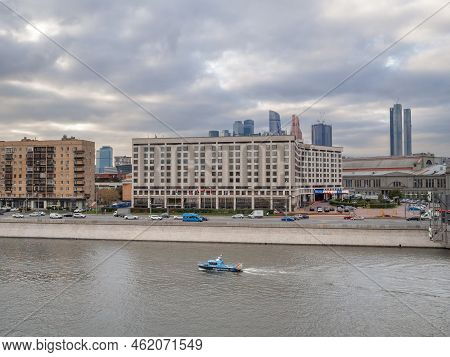 Moscow. Russia. September 22, 2022. A Water Patrol Boat Sails Along The Moscow River Opposite Berezh