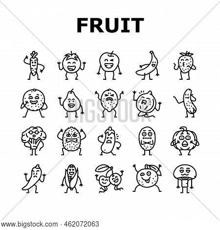 Fruit Character Funny Food Icons Set Vector. Happy Orange, Face Strawberry, Healthy Lemon, Smile App