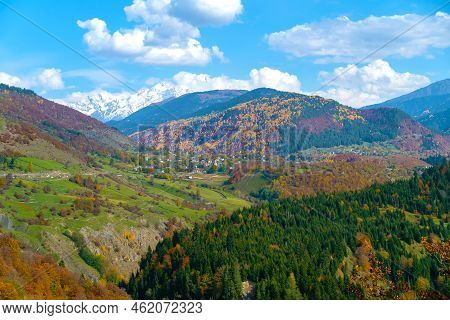 Beautiful Delightful Autumn Landscape Of The Countryside In The Mountains On A Sunny Day. The Concep