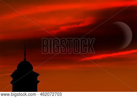 Mosques Dome Crescent Moon On Red Sky Background,new Year Muharram Asia Religious Muslim,ramadan Kar
