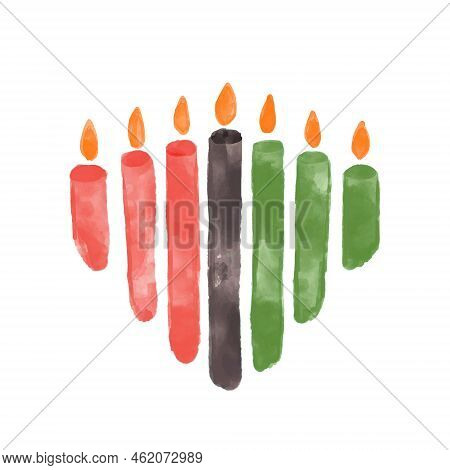 Seven Candles For Kwanzaa Festival Celebration - Mishumaa. Artistic Watercolor Textured Vector Green