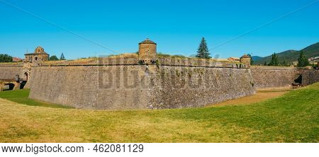 a view over the Citadel of Jaca, in Jaca, in the province of Huesca, Aragon, Spain, in a summer day, in a panoramic format to use as web banner or header