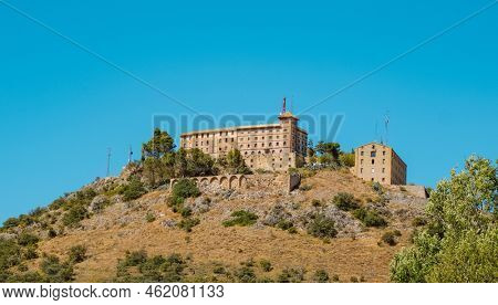 a view of the El Pueyo Monastery in Barbastro, in the province of Huesca, Aragon, Spain, at the top of a mountain