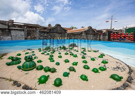 Penghu, Taiwan 21 June 2022: Sea turtle art decoration in Nanliao Ancient House of Penghu in taiwan
