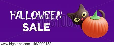 Colorful Halloween Sale Ads Banner With Cute Cartoon Black Cat And Orange Pumpkin On Bright Purple B