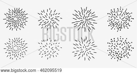 Vector Doodle Sunrays Or Starbursts Set. Hand Drawn Circle Design Black And White Elements.