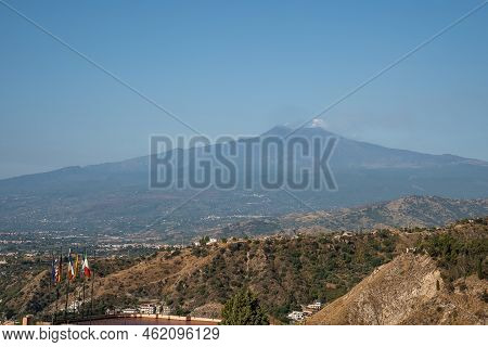 Beautiful Mount Etna And Hotel Elios With Blue Sky In Background And