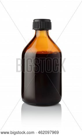 Iodine Solution In A Glass Pharmacy Bottle With Reflection Isolated On White.