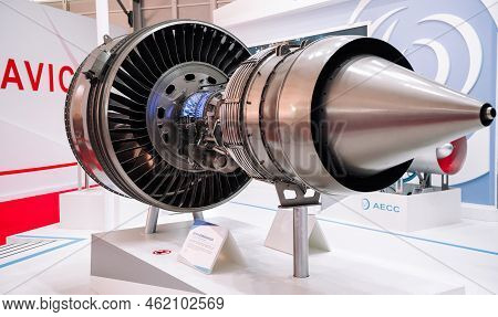 August 30, 2019, Moscow Region, Russia. A Model Of A Promising Russian-chinese Turbofan Engine Aef 3