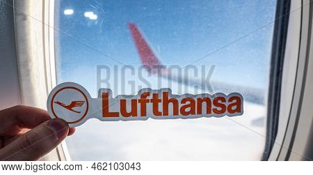 December 6, 2021, Munich, Germany. The Emblem Of The Airline Lufthansa On The Background Of The Wind