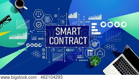 Smart Contract Theme With A Laptop Computer On A Blue And Green Pattern Background