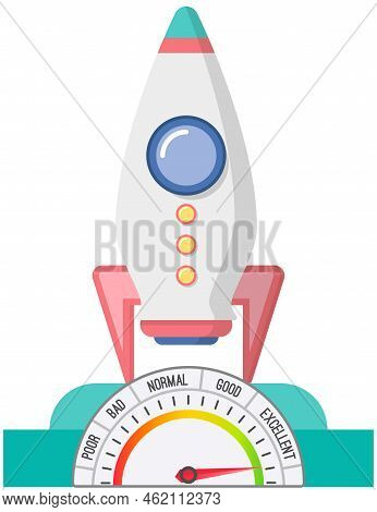 Rocket Takes Off Into Sky At High Jet Speed. Vector Illustration Spaceship And Speedometer Flat Desi