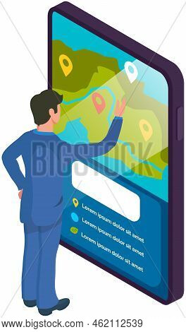 Gps Navigation In Smartphone, Tracking With Mobile App, Search For Path. Man Looking At Map Of Area 