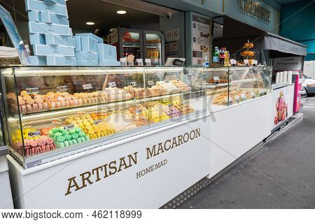 Paris, France - August 26 2022: Macaron Shop In The Streets Of Paris. Assortment Of Different Flavou