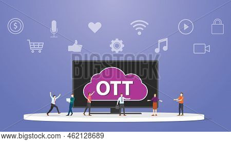 Ott Over The Top Platform Service Concept With People Around Smart Tv Modern Flat Style Vector Illus