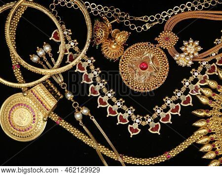 Antique Collection Of Vintage Gold Ornaments And Jewelry For Women Used On Auspicious Occasions And 