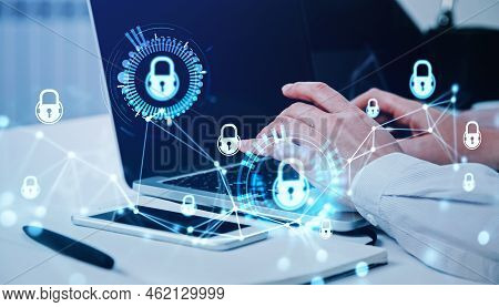 Businessman Hands Working With Laptop, Fingers Typing. Digital Cybersecurity Hud Hologram Double Exp