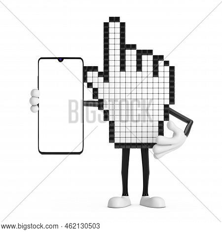 Pixel Hand Cursor Mascot Person Character And Modern Mobile Phone With Blank Screen For Your Design 