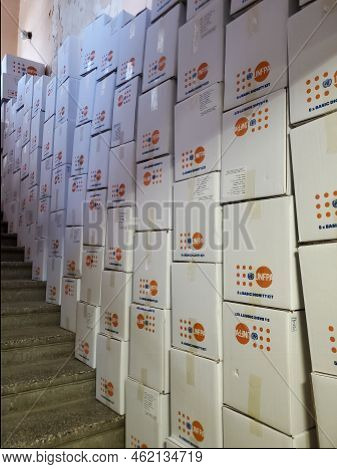 Boxes With Humanitarian Aid For Temporary Moved Ukrainian People On The Warehouse. Dnipro, Ukraine -